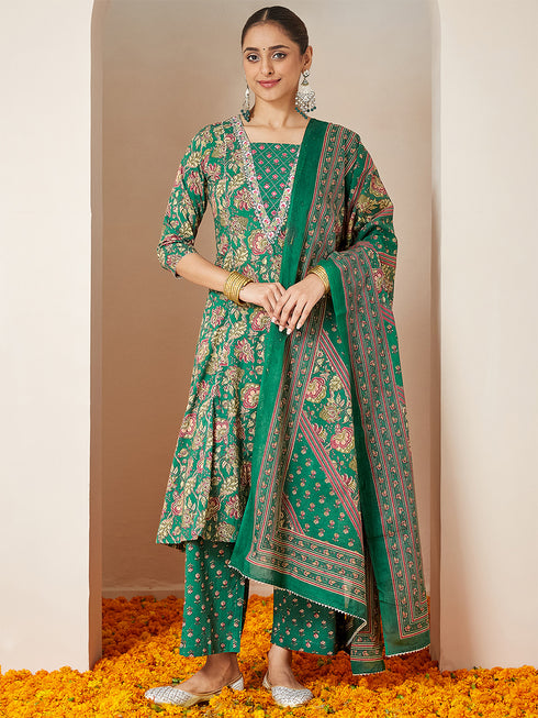 Janasya Women's Dark Green Pure Cotton Floral Printed Yoke Embroidered A-line Kurta Set